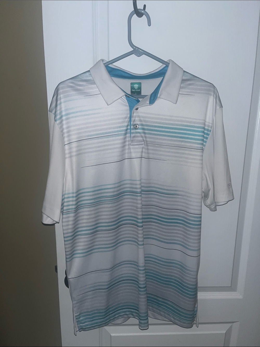 Men's White Polo with Light Blue Horizontal Stripe Accents